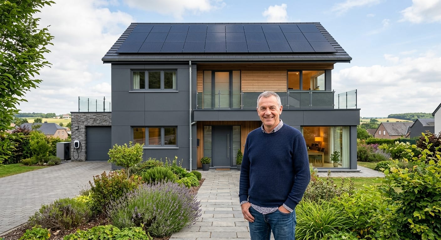 Propriétaire wallon souriant devant sa maison individuelle moderne et bien isolée avec des panneaux solaires en toiture